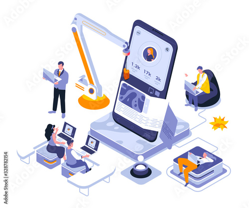 Social network landing page vector template. Online digital blog profile website header UI layout with isometric illustration. Networking strategy, SMM and SEO web banner isometry concept