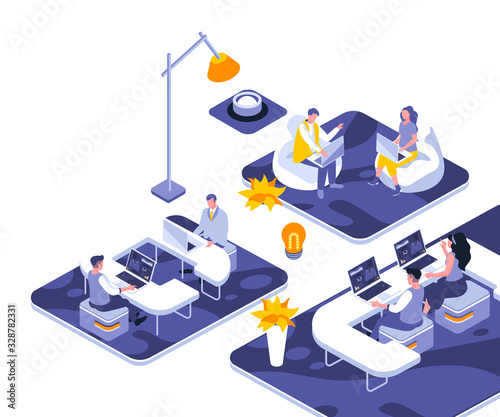 Coworking office landing page vector template. Freelance startup team website header UI layout with isometric illustration. Professional meeting in workplace web banner isometry concept