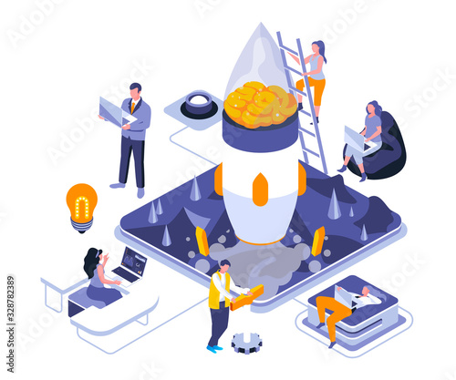 Brainstorming landing page vector template. Corporate strategy planning website header UI layout with isometric illustration. Creative thinking and imagination web banner isometry concept