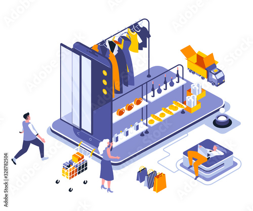 Online shopping landing page vector template. Fashion boutique, clothes and garment store website header UI layout with isometric illustration. Grocery and consumerism web banner isometry concept