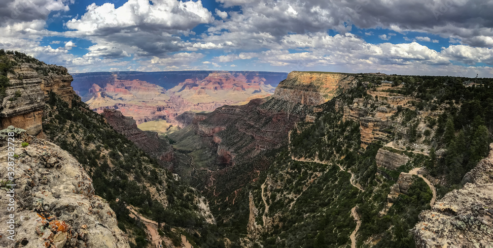 Panoramic view overlooking Bright Angel Trail, Grand Canyon Village, and Bright Angel Canyon, with plateau point visible below.  From Trailview Overlook. Grand Canyon National Park, Arizona
