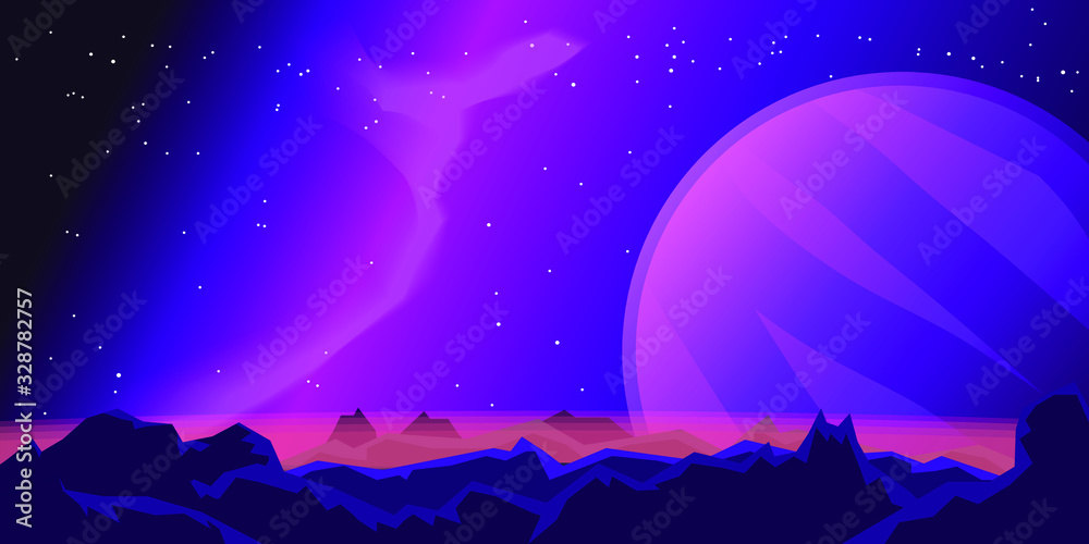 Naklejka premium Cosmic background of an alien distant planet and its satellite. Mountains and rocks, stars and nebulae in pink and purple. Vector illustration