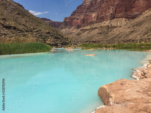 Turqoise emerald blue green waters of the Little Colorado River Confluence in Grand Canyon.  Sacred salt trail destination site to Hopi tribe, now on the Navajo Reservation.  Reeds in background. photo