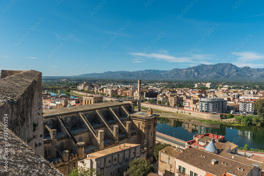 View of Tortosa Cathedral and city buildings, Catalonia, Tarragona, Spain.