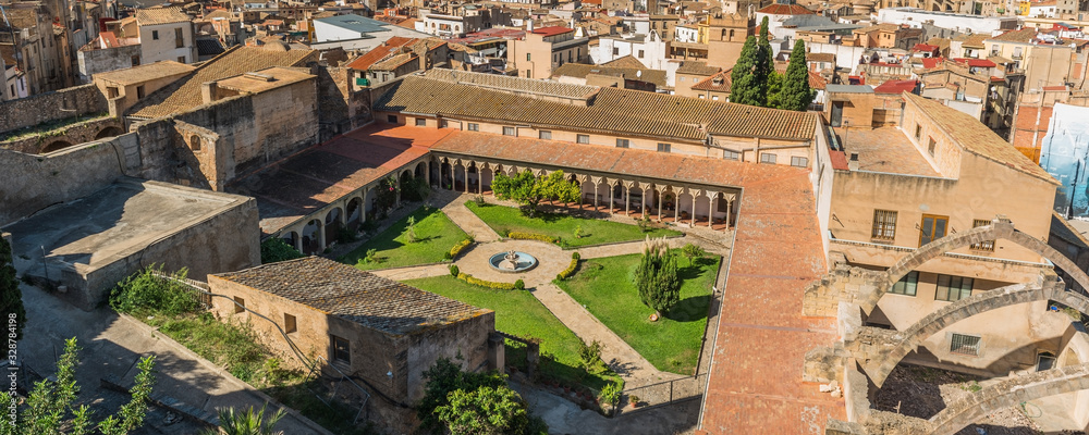 Top view of the Templer Monastery of Santa Clara, Tortosa, Catalonia, Tarragona, Spain and the town Tortosa