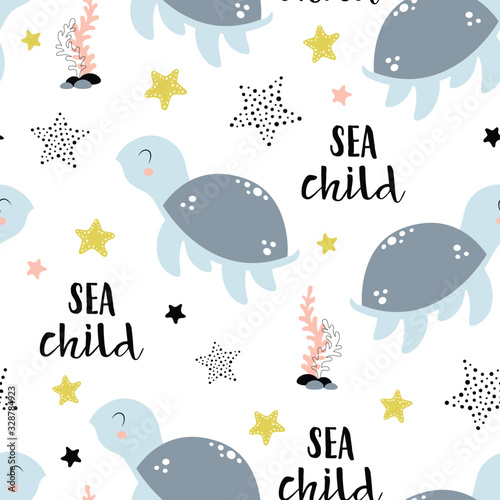 seamless pattern with cute turtle isolated on white