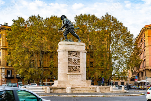 Rome, Italy. Monument of a Bersaglieri / Bersagliere of the Italian Army's infantry corps. Created to serve Kingdom of Sardinia Army (later Royal Italian Army). Recognized by distinctive feather hats. photo