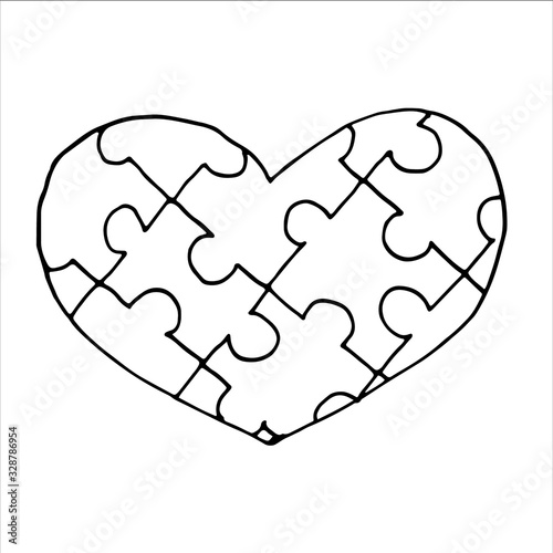 Heart made of jigsaw puzzles isolated on white background. Hand drawn simple vector illustration
