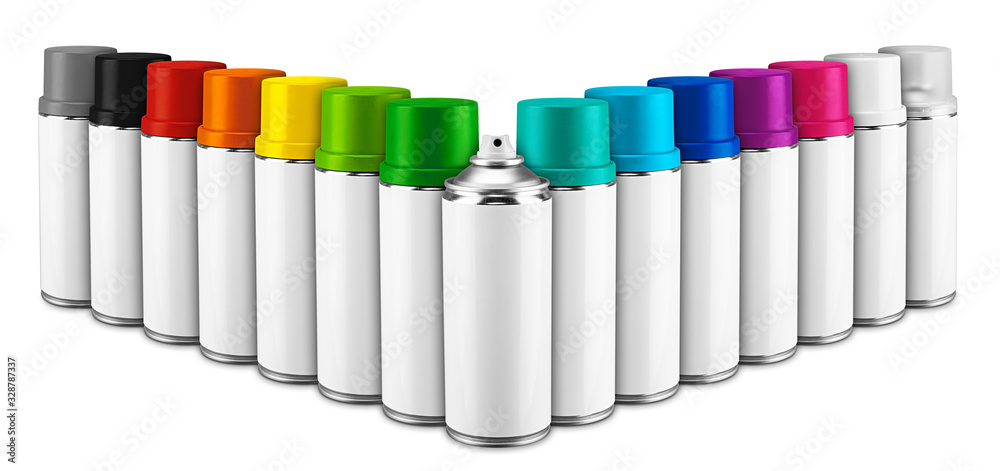 Row of paint spray bottles with white blank copy space label and multi rainbow black grey and clear colored caps. Coating can set collection isolated white background Row of paint spray bottles with white blank copy space label and multi rainbow black grey and clear colored caps. Coating can set collection isolated white background