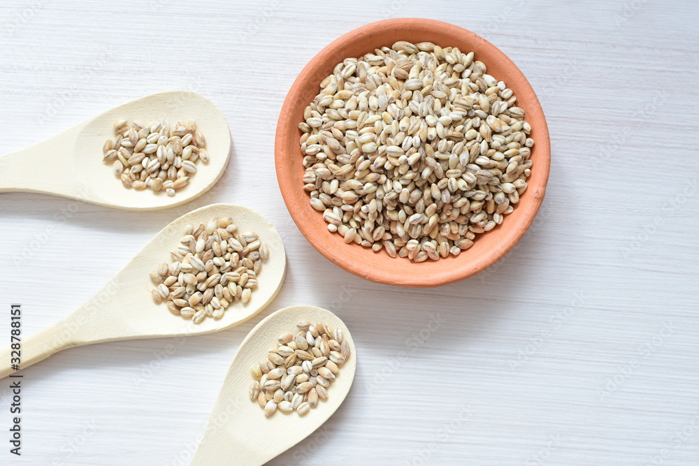 Raw barley grains, released in containers on white wooden background Raw barley grains, released in containers on white wooden background