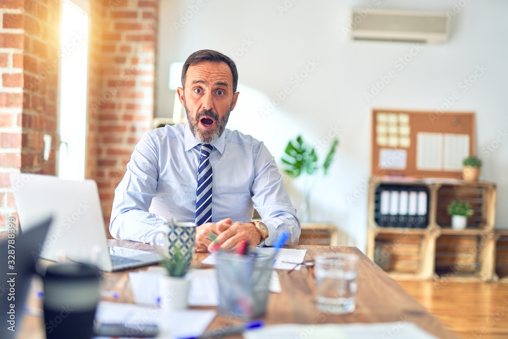 Middle age handsome businessman wearing tie sitting using laptop at the office afraid and shocked with surprise expression, fear and excited face.