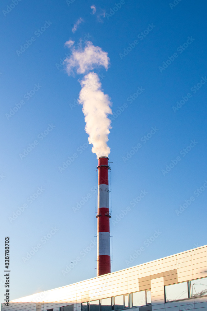 red white industry chimney smoke coming out