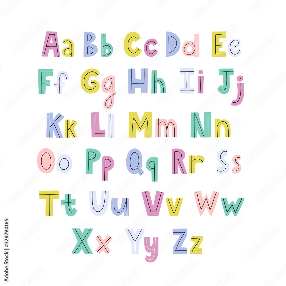 Colorful hand drawn alphabet with lowercase and uppercase letters