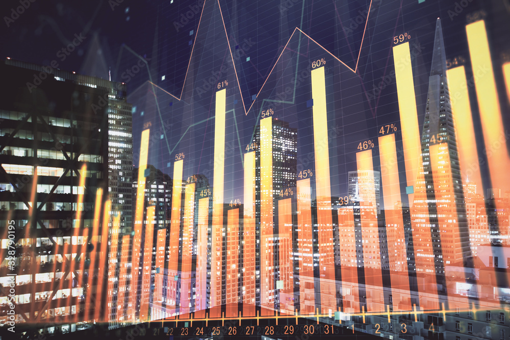 Obraz premium Financial graph on night city scape with tall buildings background multi exposure. Analysis concept.