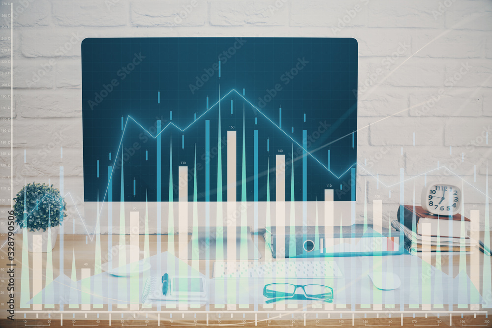 Forex graph hologram on table with computer background. Double exposure. Concept of financial markets. Forex graph hologram on table with computer background. Double exposure. Concept of financial markets.