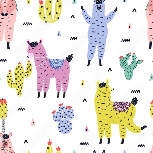 Seamless pattern with cute llamas and succulents in Scandinavian style
