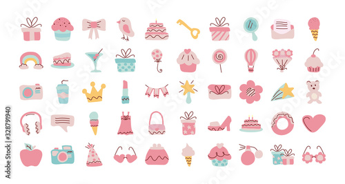 set of icons of color pink for girl