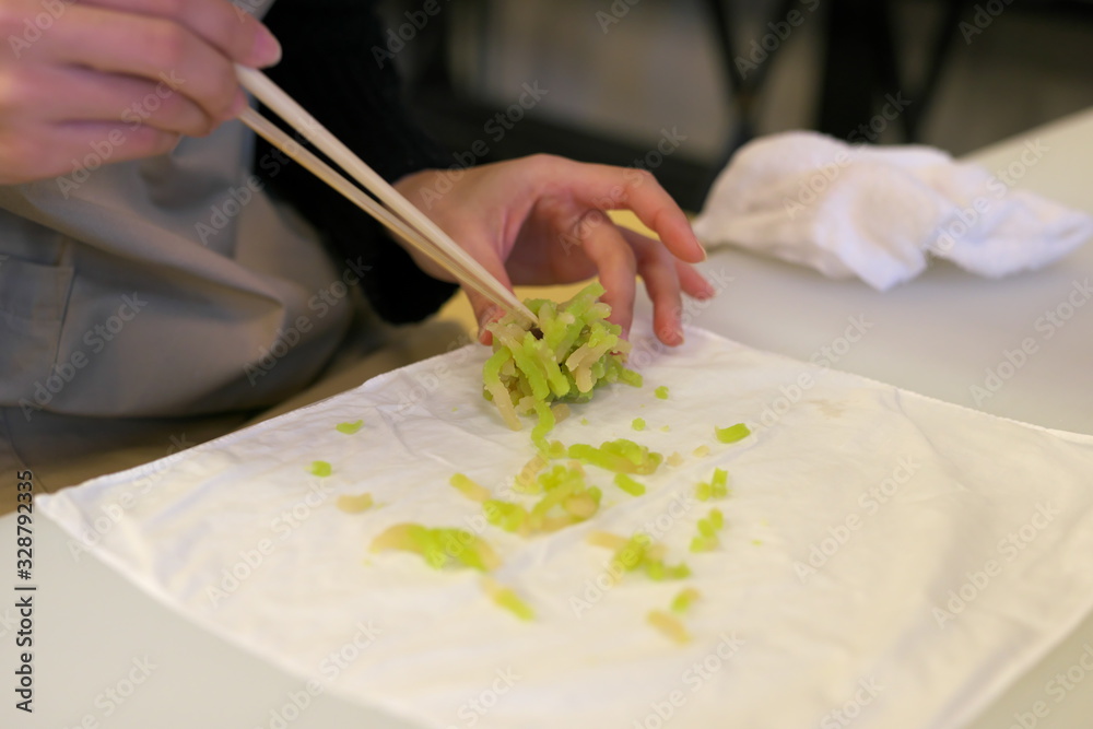 Kyoto,Japan-February 27, 2020: Making Kyoto Style Wagashi or traditional Japanese confectionery or Japanese sweets Kyoto,Japan-February 27, 2020: Making Kyoto Style Wagashi or traditional Japanese confectionery or Japanese sweets