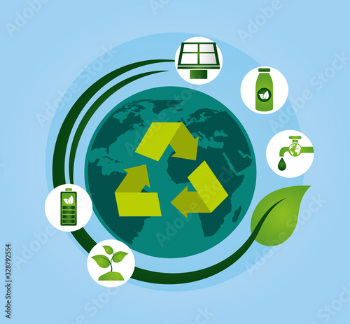 eco friendly poster with earth planet and set icons