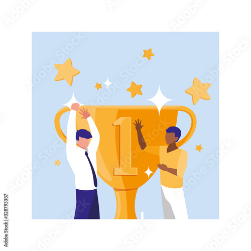 businessmen with gold trophy, successful business team