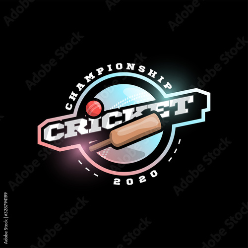 Modern professional Typography cricket sport super hero style vector emblem and template logo design with ball. Funny greetings for clothes, card, badge, icon, postcard, banner, tag, stickers, print.