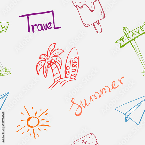 Summer seamless pattern. A seamless pattern with the words summer, a journey. Sun, ice cream, airplane, arrow with direction on the journey. Vector eps illustration.