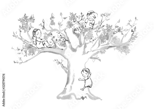 大きな木と子ども3人、おてんば娘、線描