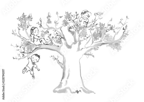 大きな木と子ども3人、やんちゃ坊主、線描 © izumikobayashi