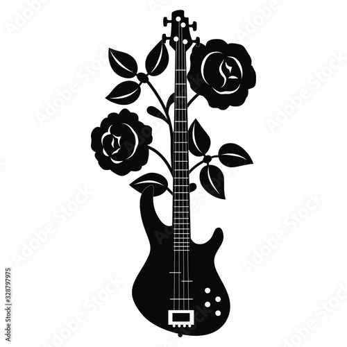 Isolated vector illustration. Electric bass guitar with rose branch. Black and white silhouette. Romantic rock music emblem.