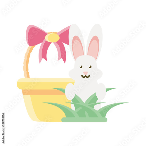 cute rabbit in basket on white background