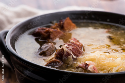 Cabbage soup with meat. Farm-style