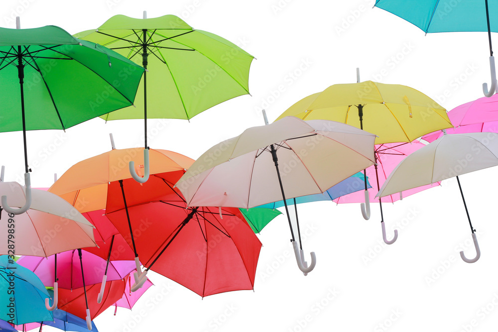 Green, red and blue parasols on a white background. Umbrella many colors.