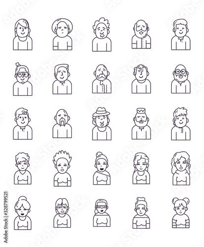 Isolated people avatars line style icon set vector design