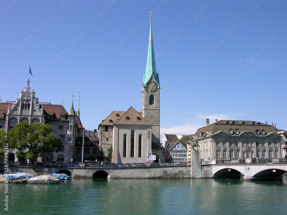 Zurich, Switz., Cityscape with Fraumunster Church