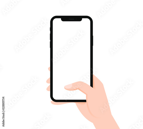 White woman hand hold phone vertical first person view blank template clip art flat design vector EPS 10