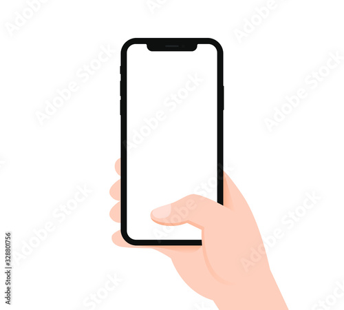 White man hand hold phone vertical first person view blank template clip art flat design vector EPS 10