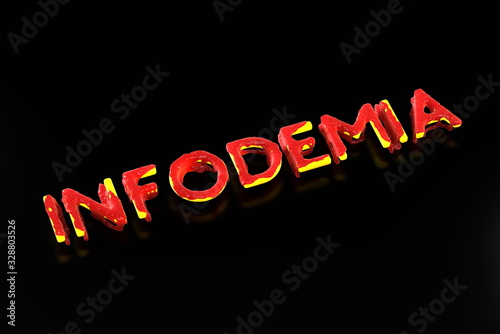 Infodemia lettering concept about pandemia and false information with coronavirus covid-19. 3d illustration isolated on black background