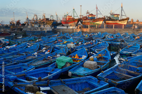 Sea of blue boats at sunrise in the marine port of Essaouira Morocco