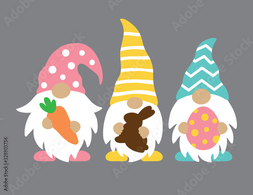 Vector illustration of three Easter gnomes holding Easter egg, chocolate bunny and carrot.
