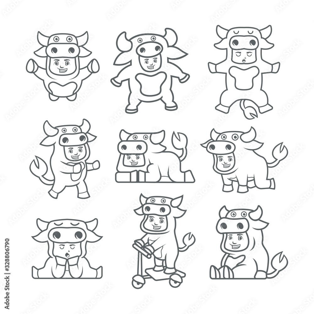 Cute child in festive costume of cow isolated on white background - vector illustration of hand drawn cheerful smiling kid in funny animal suit for holiday carnival party design. for coloring book.