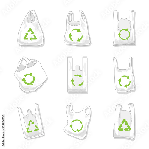 Set of plastic bag hand drawing with recycle symbol. Reuse of plastic bags to reduce plastic waste Pollution problem concept. Vector illustration.