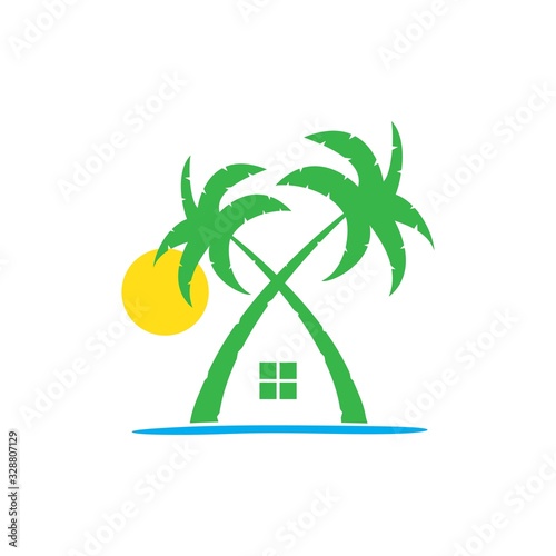 Home beach logo with palm tree and sun