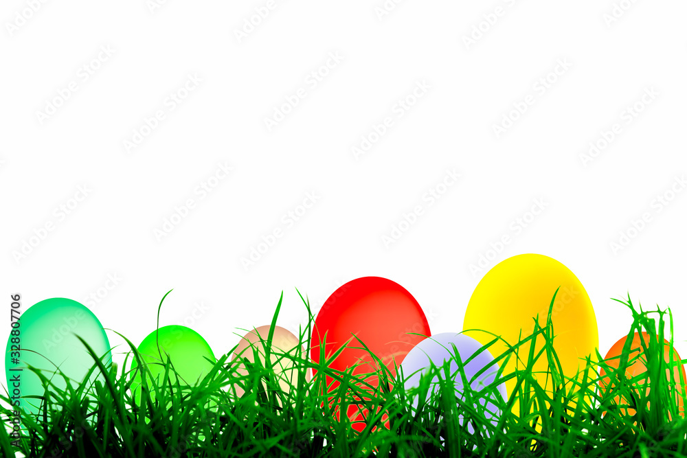 Easter eggs on green grass on white space background with illustration, Easter day concept