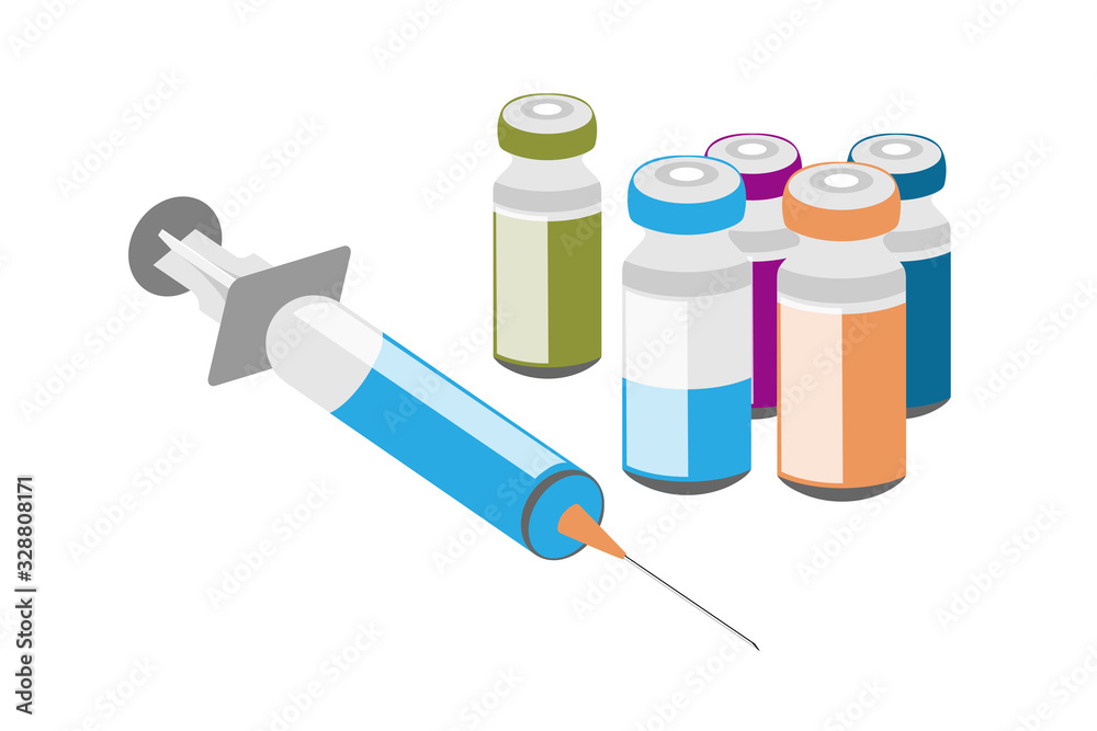 Medical syringe and vaccine Isolated on white background. Color design. Vector Illustration icon. Medical concept.