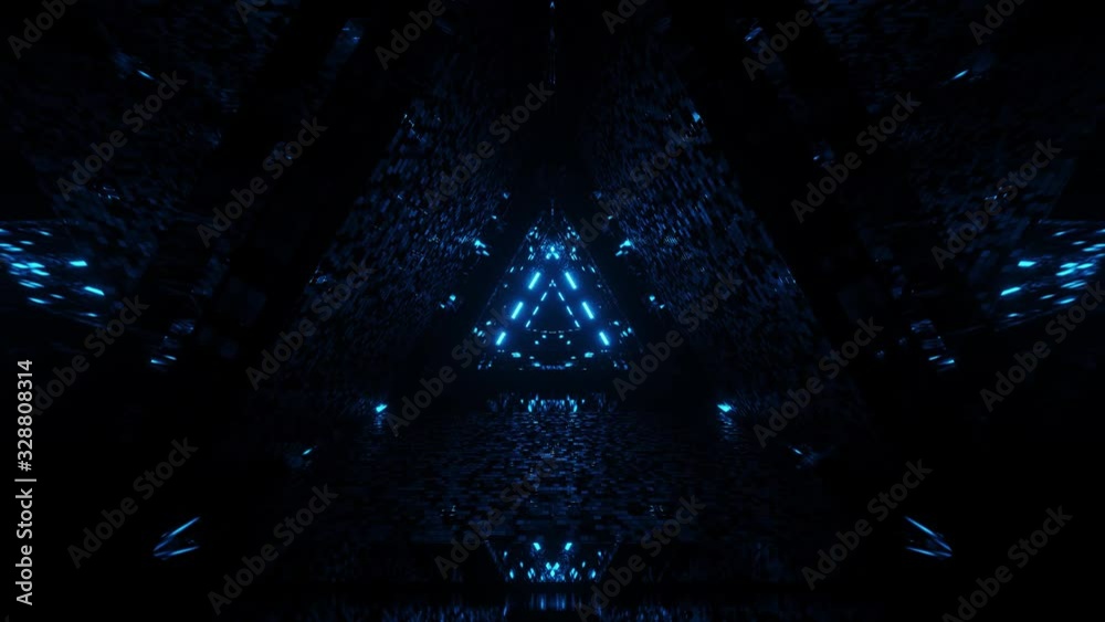 Immersing into multicolored triangular shape lights forming space tunnel on dark background, with beautiful reflections. Animation.