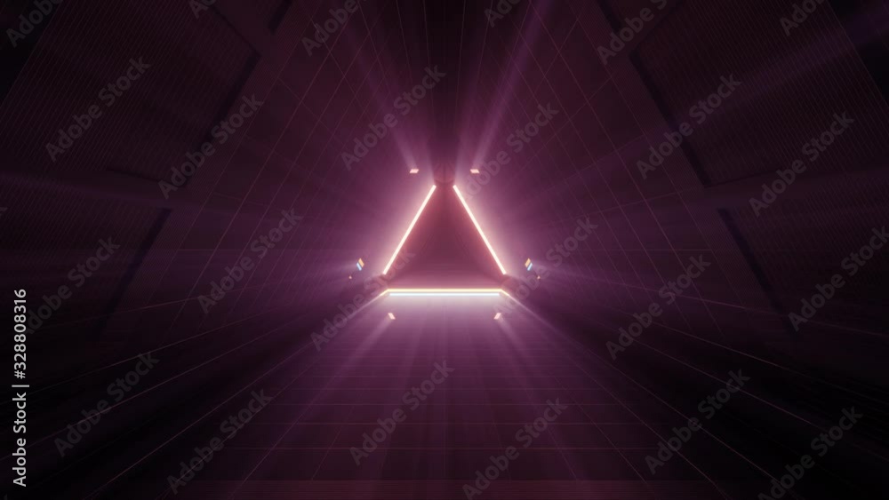 Pink triangle shape hallway in futuristic glass space ship design, loop-able 3d cgi rendering motion animation