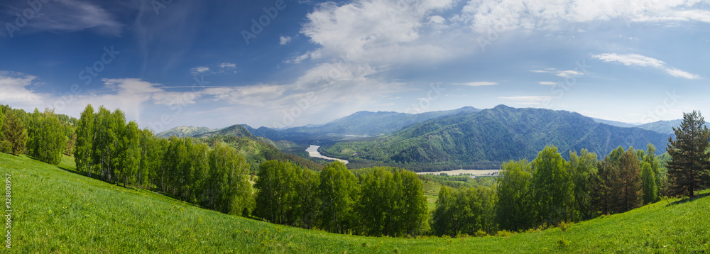 The Katun River valley, Altai, summer landscape, green slopes and forest