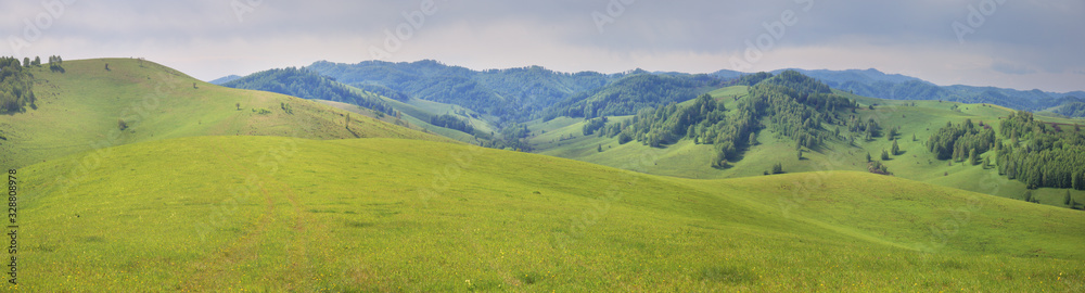 Green meadows and mountain slopes, summer, panorama nature, Altai