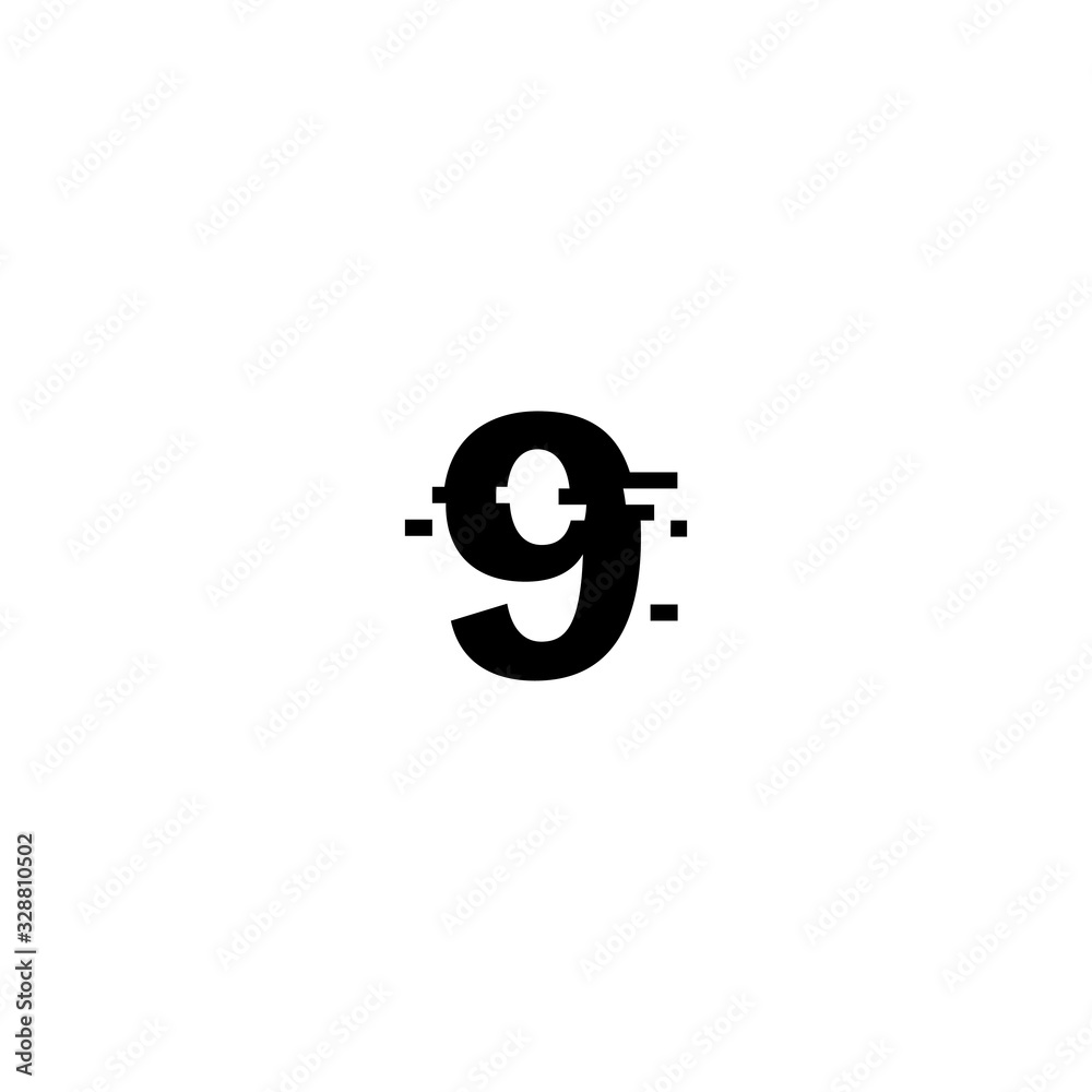 Number 9, Digital glitched numbers with distortion effect , White background Number 9, Digital glitched numbers with distortion effect , White background