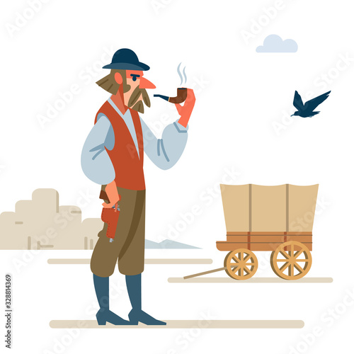 The leader of a cowboy gang of murderers is making plans in a Bank robbery and Smoking a pipe with tobacco. wild West. Cartoon vector illustration. Flat style. Isolated on white background